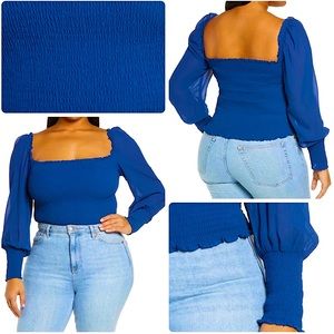 Reformation Navy Blue Sheer Sleeve Square Neck Blouse 1X NWT